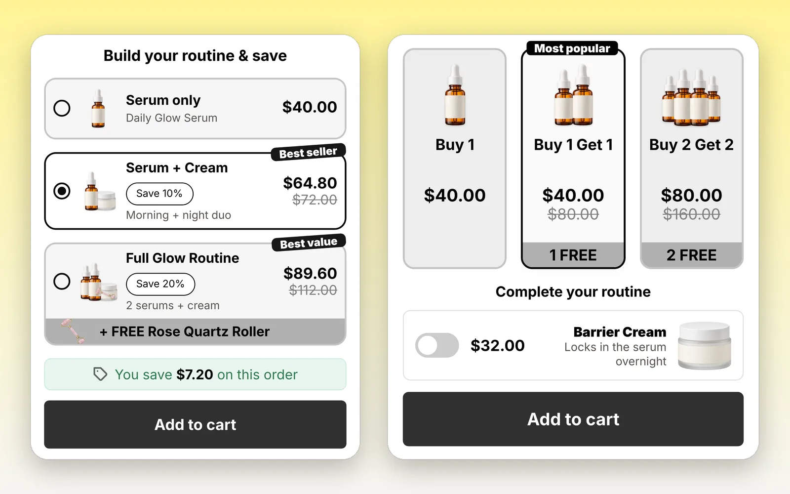 BundleUp routine bundle with a free gift, and a Buy 1 Get 1 offer with an add-on toggle