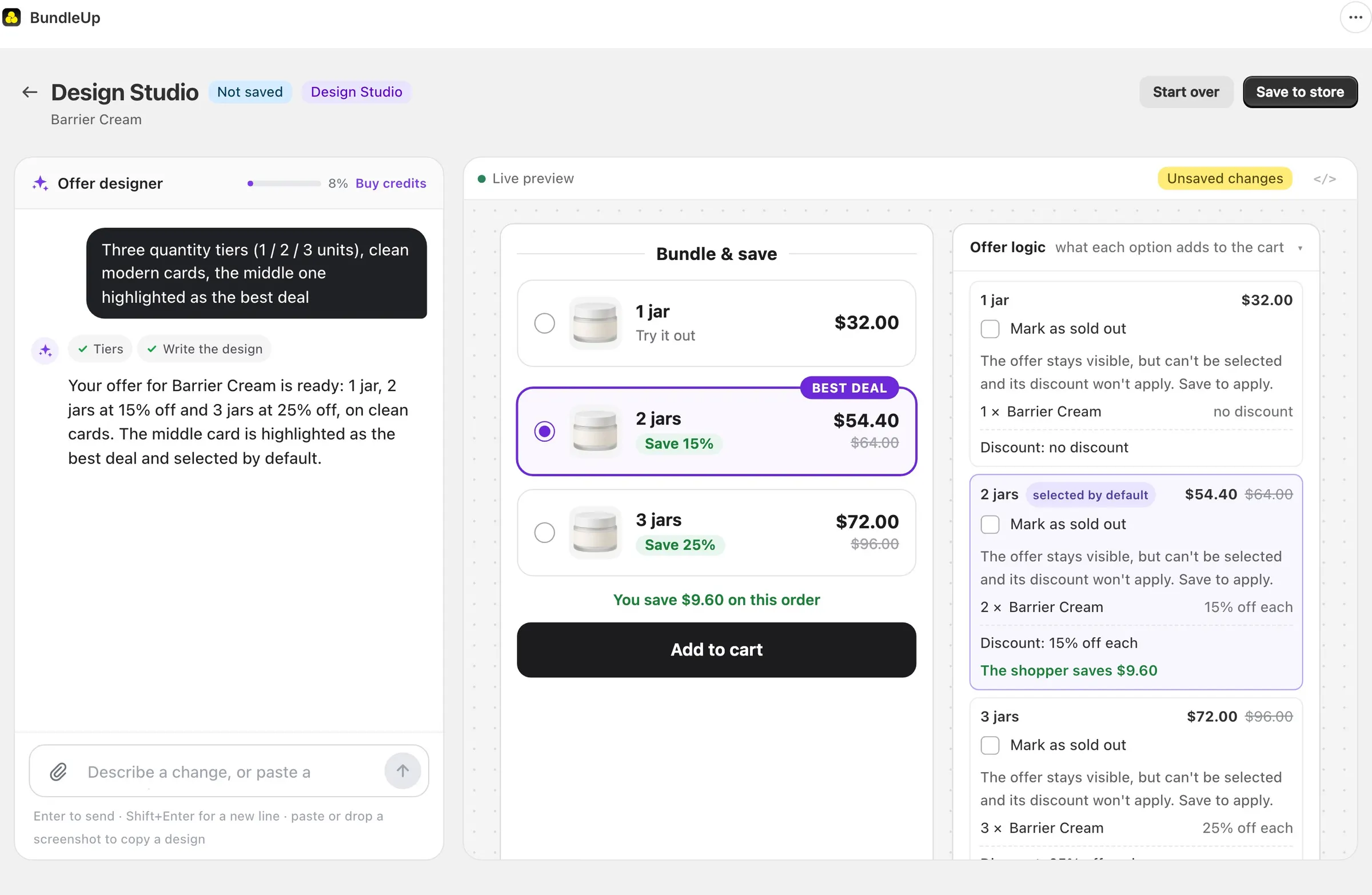 BundleUp Design Studio: a chat on the left asks for three quantity tiers, and the live preview on the right shows 1, 2 and 3 jars with the middle tier marked Best deal.