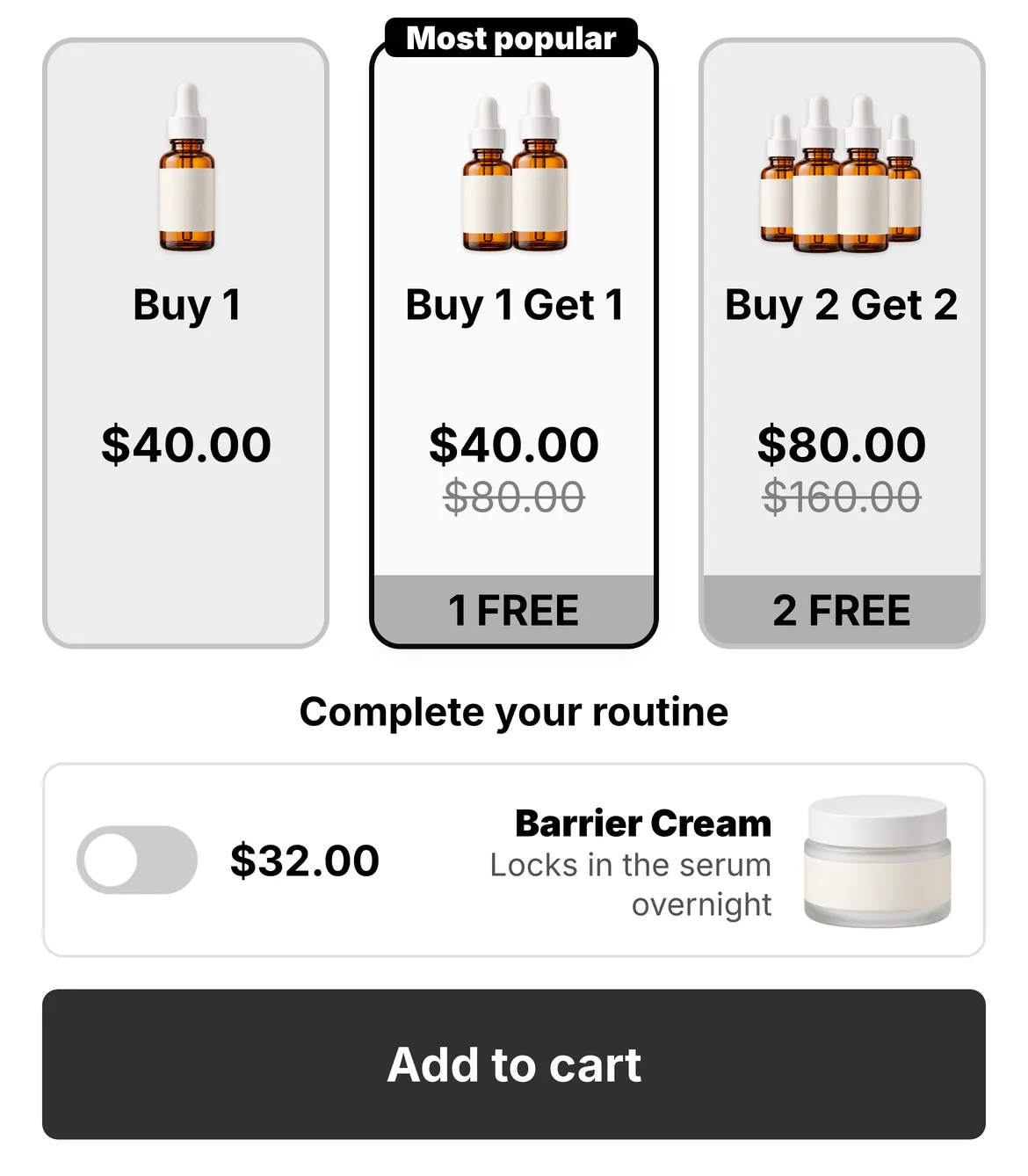 BundleUp widget with Buy 1, Buy 1 Get 1 and Buy 2 Get 2 cards and an add-on toggle.