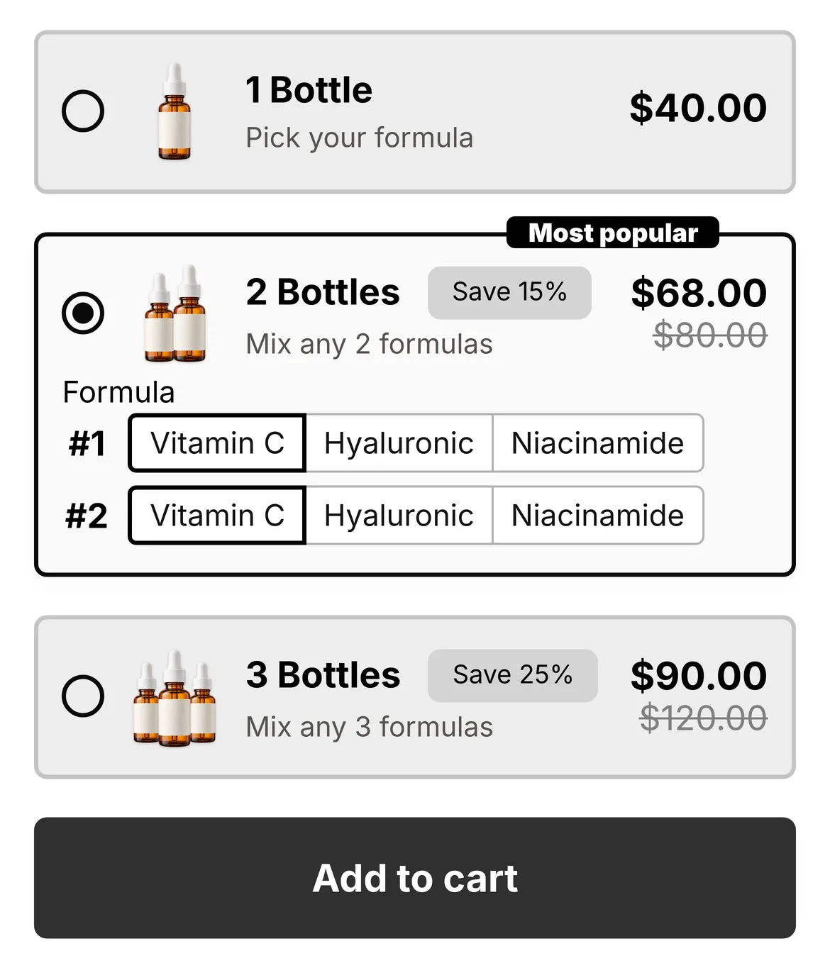 BundleUp widget with a formula picker for each of the three bottles in the selected tier.
