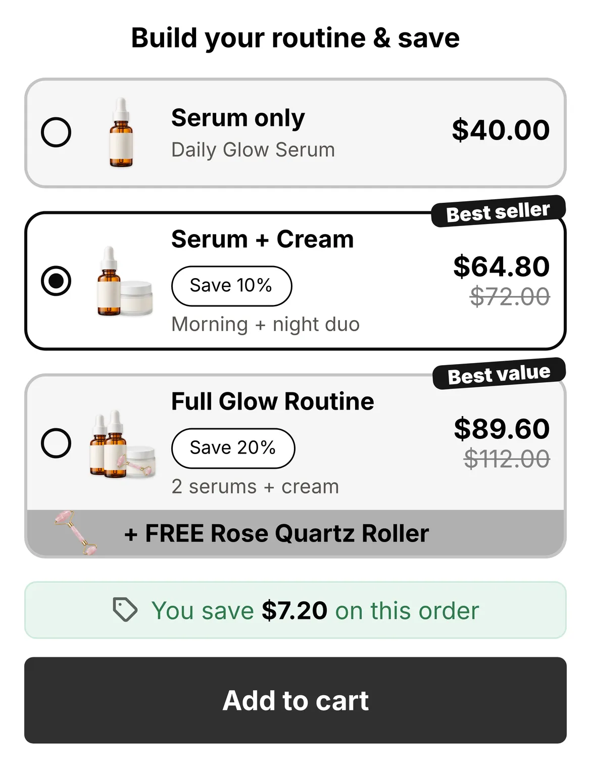 BundleUp widget offering serum only, serum and cream, or a full routine with a free rose quartz roller.