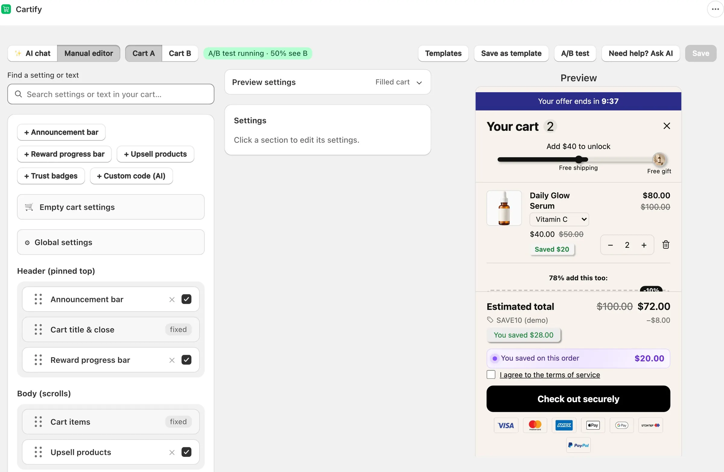 Cartify editor with Cart A and Cart B tabs and an "A/B test running - 50% see B" badge.