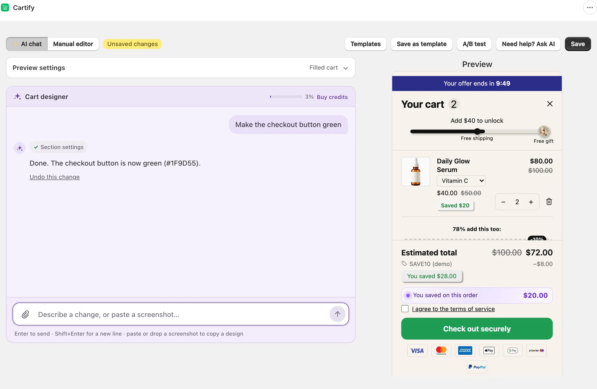 Cartify Cart designer reply "Done. The checkout button is now green" with the preview showing a green Check out securely button.
