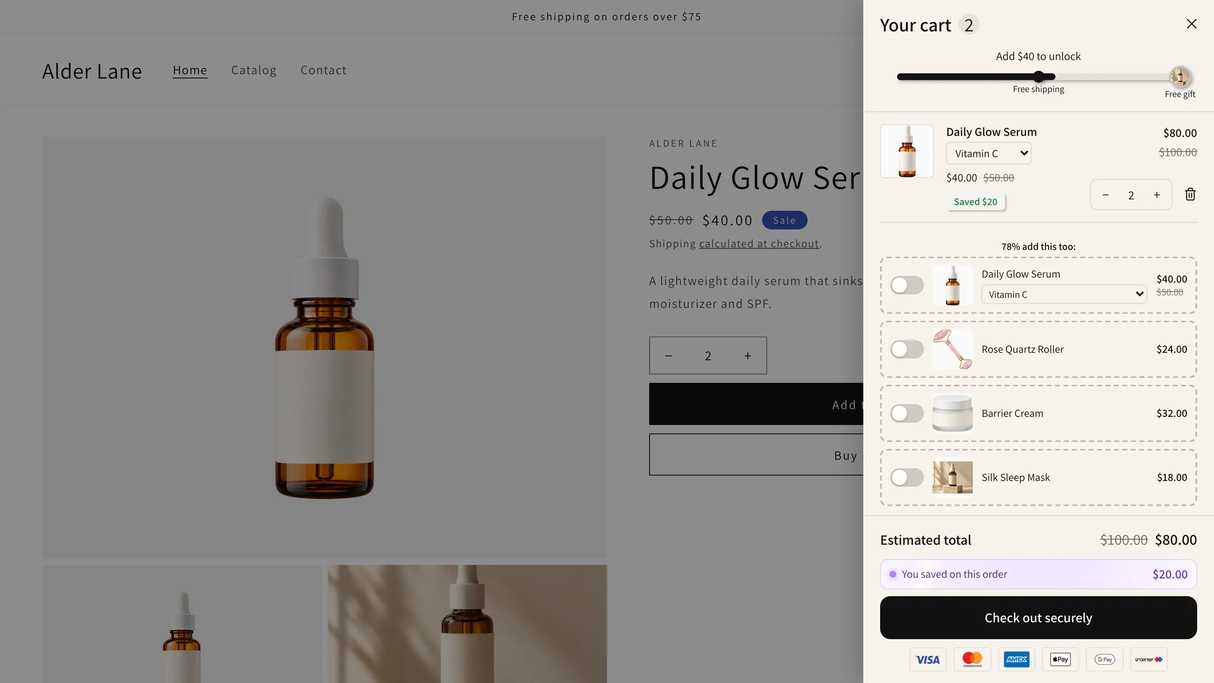 A Shopify product page with the Cartify cart drawer open, showing a reward bar, add-on toggles and the checkout button.