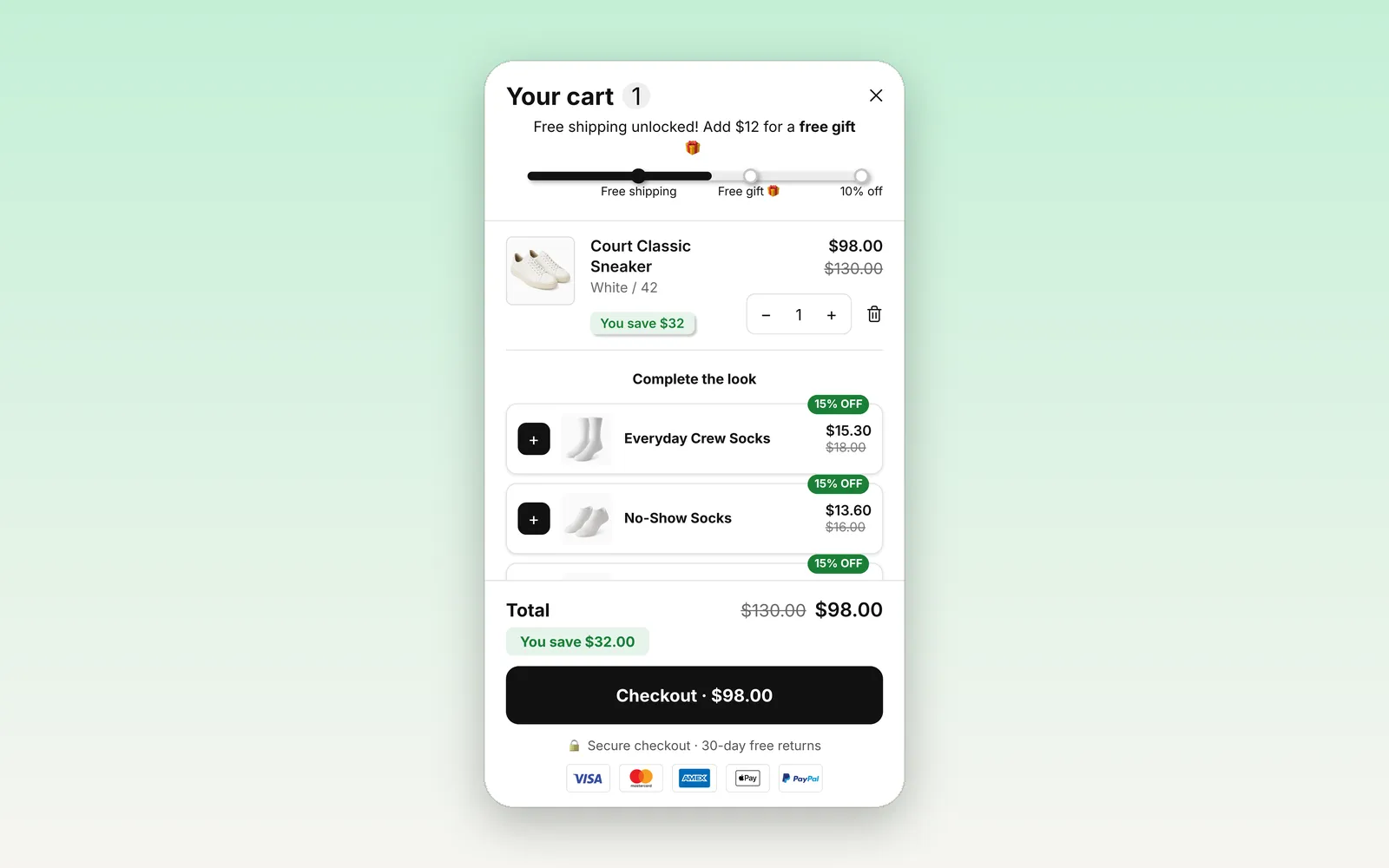 Cartify upsells in the cart drawer with a 15% off badge