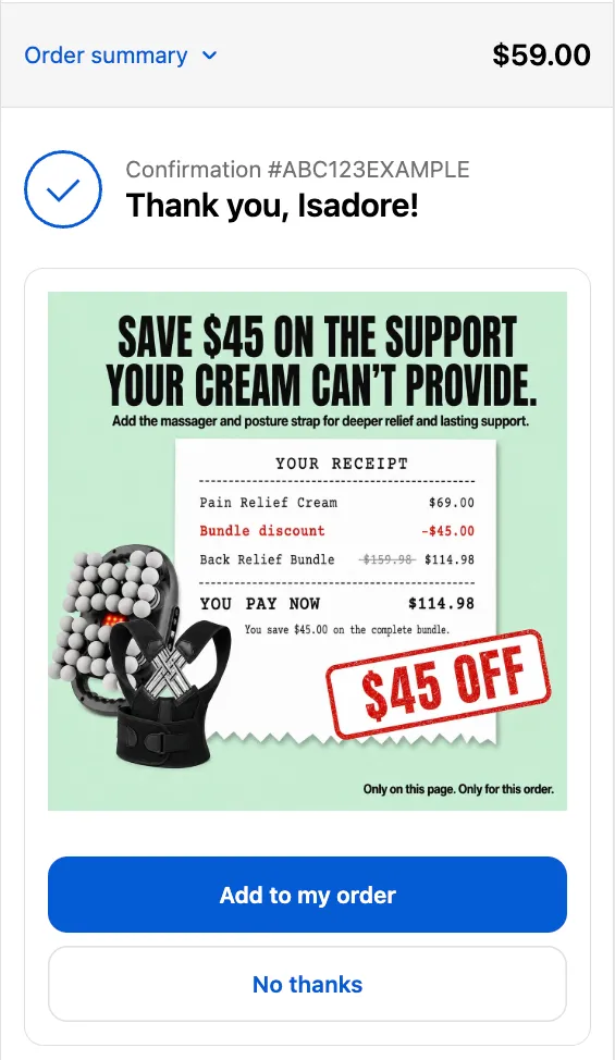ExtraSale offer on the thank-you page using a merchant-designed receipt-style graphic with a $45 off stamp.