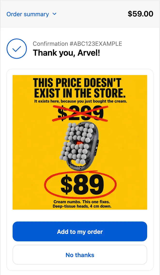 ExtraSale offer on the thank-you page with a yellow graphic: "This price doesn't exist in the store", $299 crossed out to $89.