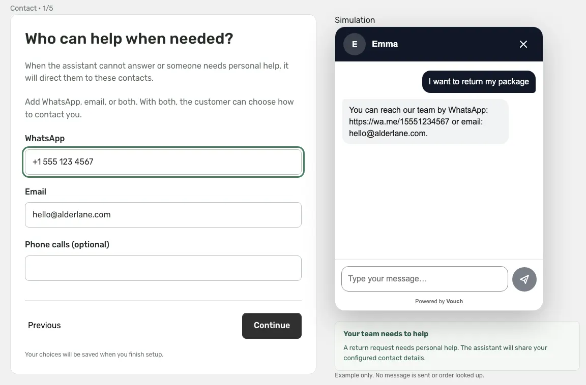 Vouch setup step "Who can help when needed?" with WhatsApp and email filled in, and a simulation that shares the team's contacts.