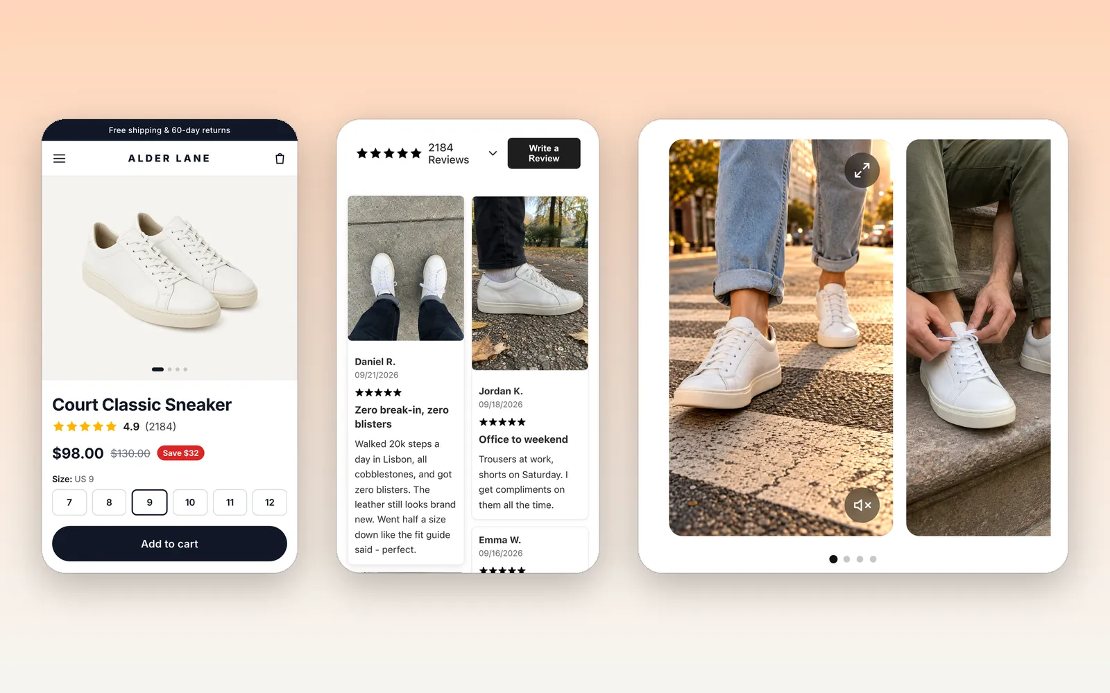 Vouch on a phone: a product page with a star rating, the review widget with customer photos, and a video reels carousel.
