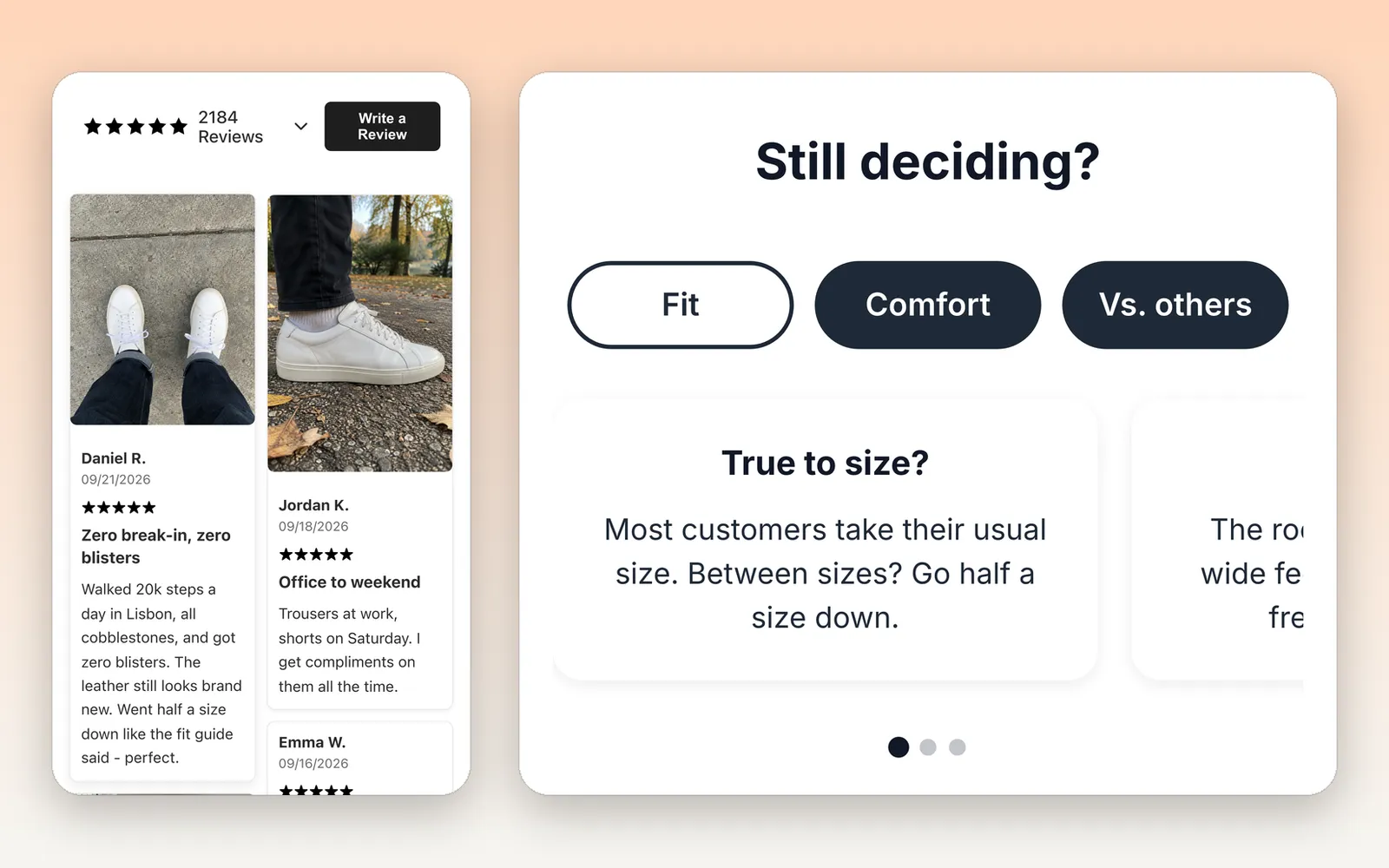 The Vouch review widget with customer photos, and objection tabs